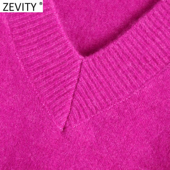 Zevity Women Simply V Neck Soft Touch Ежедневен лилав пуловер за плетене Женски шикозен базов пуловер с дълъг ръкав Маркови горнища SW901