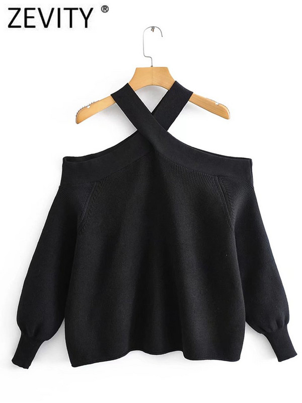 Zevity Ženski modni pulover s otvorenim ramenima, crno-bijele boje, pleteni pulover, ženski šik, ležerni puloveri s dugim rukavima, gornji dijelovi SW2395