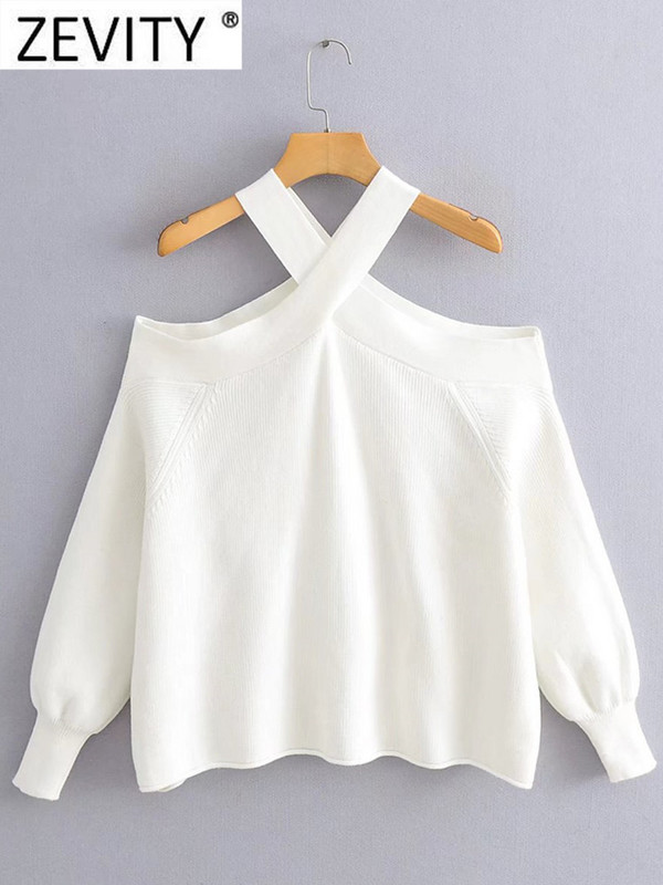 Zevity Ženski modni pulover s otvorenim ramenima, crno-bijele boje, pleteni pulover, ženski šik, ležerni puloveri s dugim rukavima, gornji dijelovi SW2395