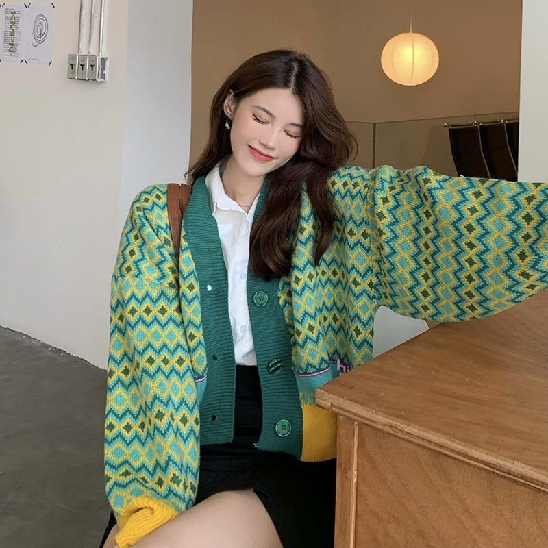 Ženski kardigan Zeleni Argyle Harajuku Ležerni dizajn s V-izrezom Jesen Zima Univerzalni studentski Ins Popularni ženski pleteni korejski uski