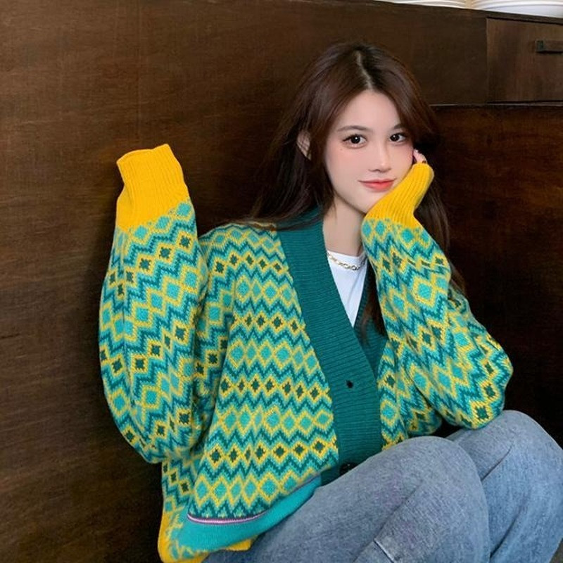 Ženski kardigan Zeleni Argyle Harajuku Ležerni dizajn s V-izrezom Jesen Zima Univerzalni studentski Ins Popularni ženski pleteni korejski uski