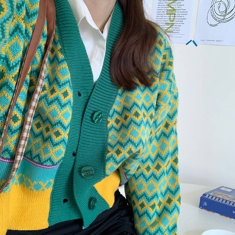Ženski kardigan Zeleni Argyle Harajuku Ležerni dizajn s V-izrezom Jesen Zima Univerzalni studentski Ins Popularni ženski pleteni korejski uski