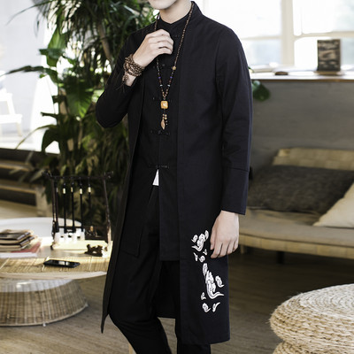 Trenč kaput muški lažni dvodijelni kardigan kimono izvezeni kaput muški dugi kineski stil Crna široka vintage jakna od pamučnog platna