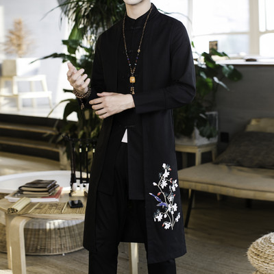 Trenč kaput muški lažni dvodijelni kardigan kimono izvezeni kaput muški dugi kineski stil Crna široka vintage jakna od pamučnog platna