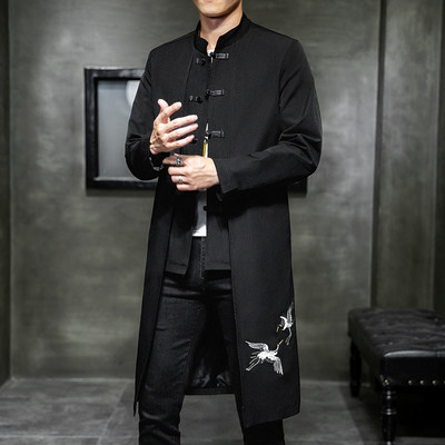 Trenč kaput muški lažni dvodijelni kardigan kimono izvezeni kaput muški dugi kineski stil Crna široka vintage jakna od pamučnog platna