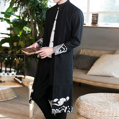Trenč kaput muški lažni dvodijelni kardigan kimono izvezeni kaput muški dugi kineski stil Crna široka vintage jakna od pamučnog platna