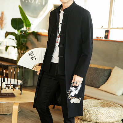 Trenč kaput muški lažni dvodijelni kardigan kimono izvezeni kaput muški dugi kineski stil Crna široka vintage jakna od pamučnog platna
