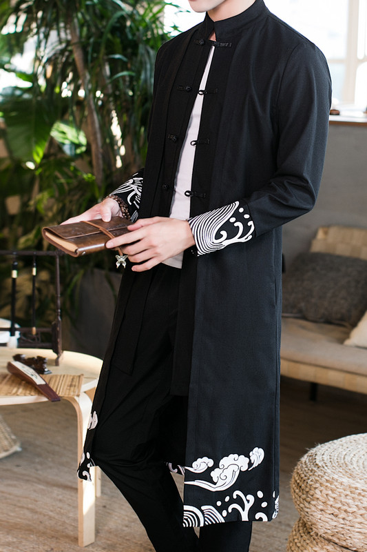 Trenč kaput muški lažni dvodijelni kardigan kimono izvezeni kaput muški dugi kineski stil Crna široka vintage jakna od pamučnog platna