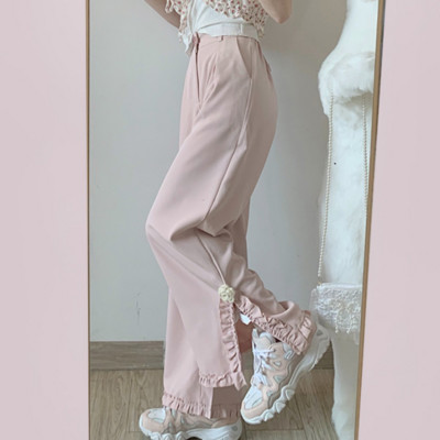 Deeptown Kawaii mielos rožinės maišelio kelnės, moteriškos japoniškos Y2k raukšlės plačios sportinės kelnės Harajuku mados negabaritinės tiesios kelnės