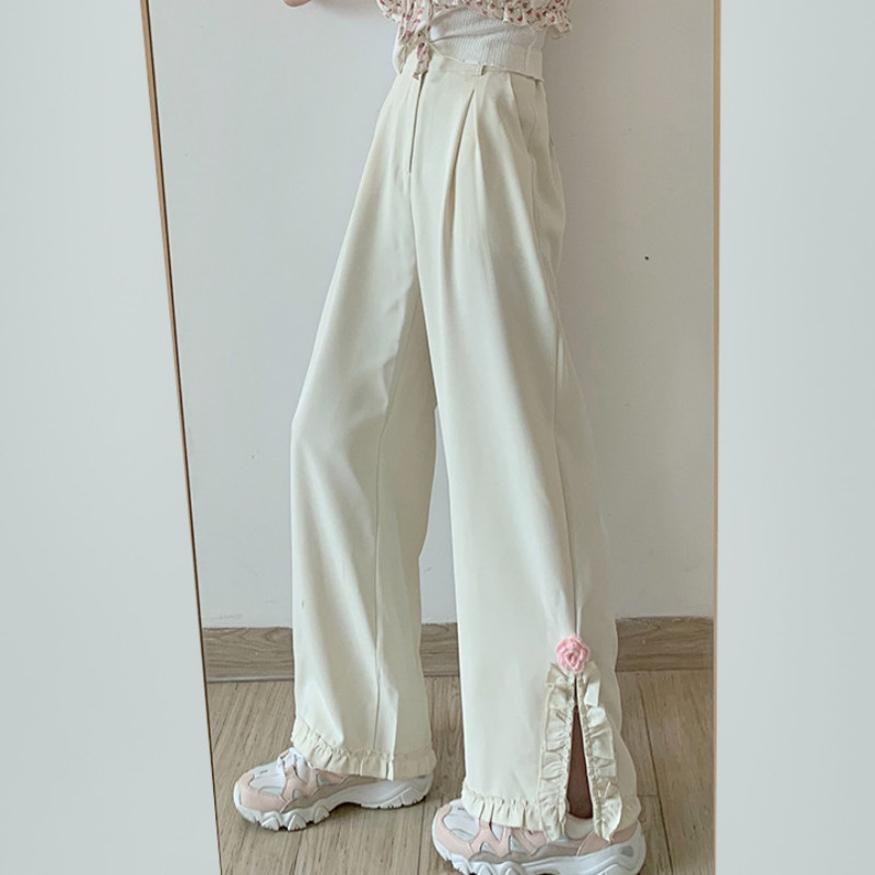 Deeptown Kawaii armsad roosad kottis püksid naiste jaapani Y2k volangidega laia säärega dressipüksid Harajuku mood ülisuured sirged püksid