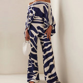 Ženski modni satenski topovi s printom i dugim hlačama 2-dijelni kompleti širokih hlača s otvorenim ramenima Y2k bluza Odijelo za uredsku damu