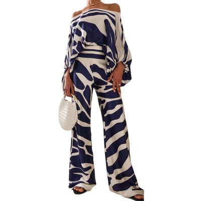Ženski modni satenski topovi s printom i dugim hlačama 2-dijelni kompleti širokih hlača s otvorenim ramenima Y2k bluza Odijelo za uredsku damu
