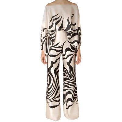 Ženski modni satenski topovi s printom i dugim hlačama 2-dijelni kompleti širokih hlača s otvorenim ramenima Y2k bluza Odijelo za uredsku damu