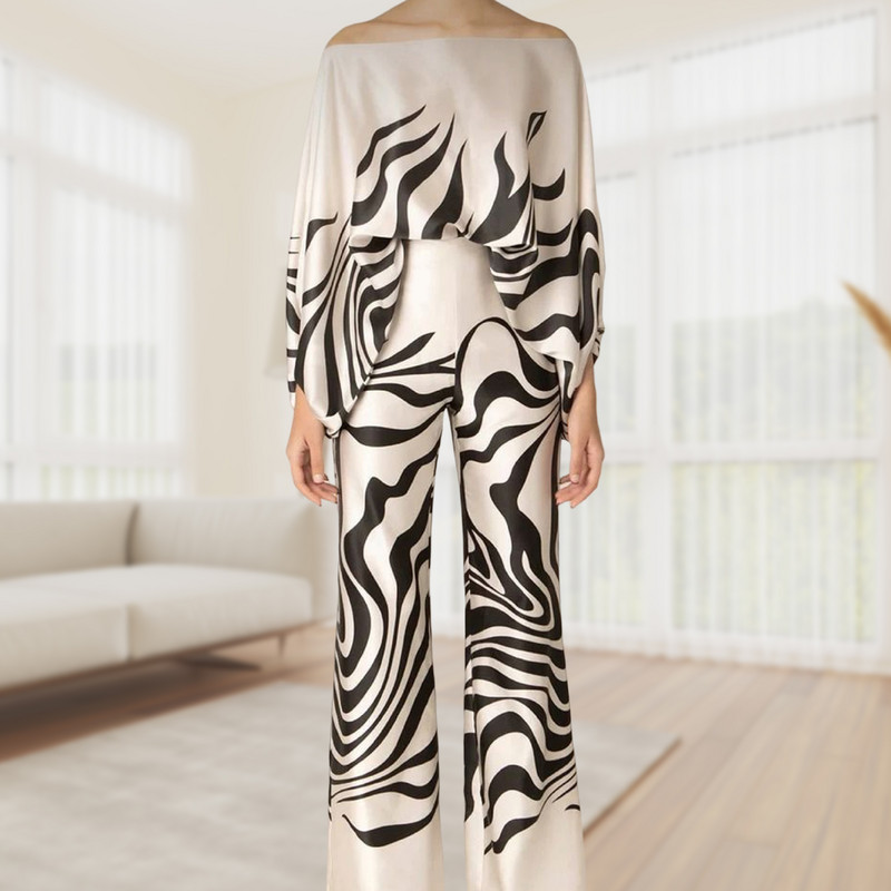 Ženski modni satenski topovi s printom i dugim hlačama 2-dijelni kompleti širokih hlača s otvorenim ramenima Y2k bluza Odijelo za uredsku damu