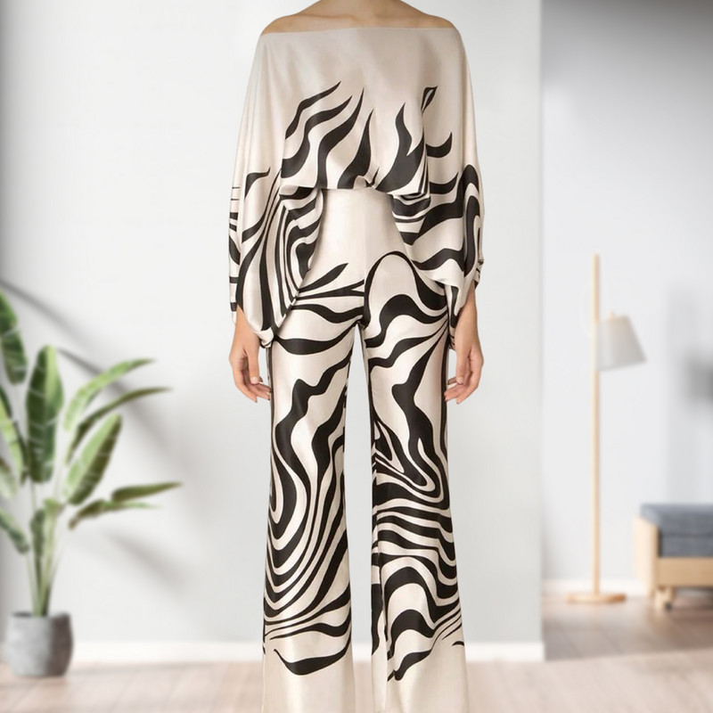 Ženski modni satenski topovi s printom i dugim hlačama 2-dijelni kompleti širokih hlača s otvorenim ramenima Y2k bluza Odijelo za uredsku damu