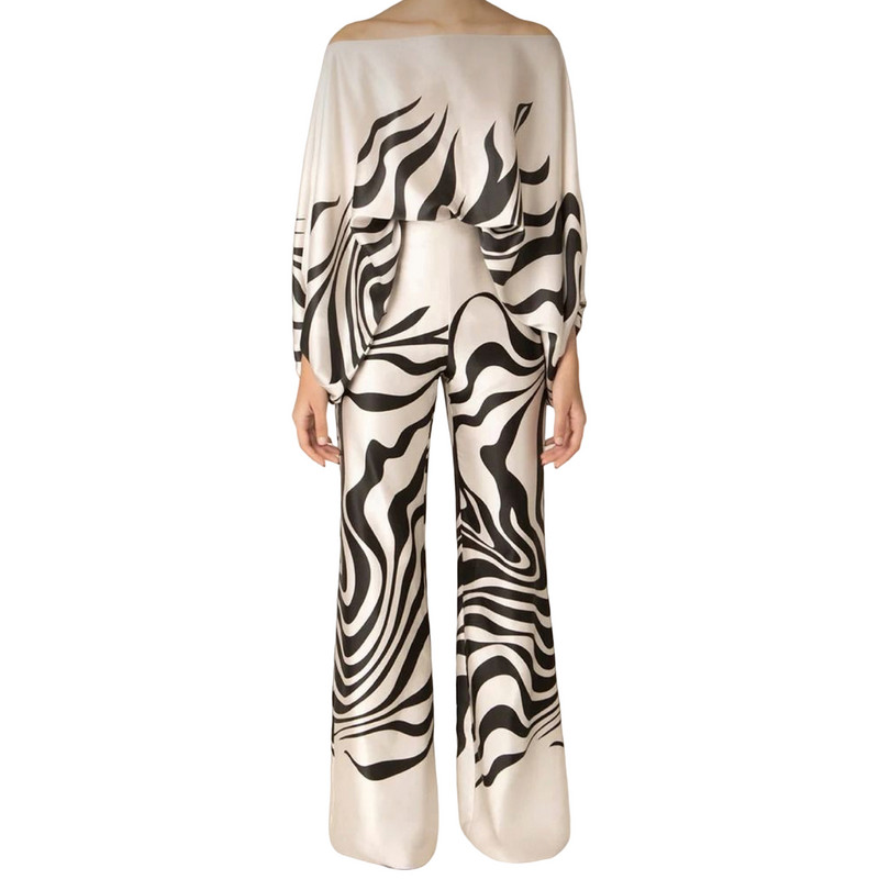 Ženski modni satenski topovi s printom i dugim hlačama 2-dijelni kompleti širokih hlača s otvorenim ramenima Y2k bluza Odijelo za uredsku damu