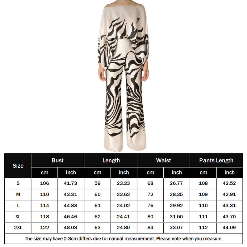 Ženski modni satenski topovi s printom i dugim hlačama 2-dijelni kompleti širokih hlača s otvorenim ramenima Y2k bluza Odijelo za uredsku damu