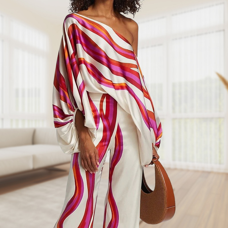 Ženski modni satenski topovi s printom i dugim hlačama 2-dijelni kompleti širokih hlača s otvorenim ramenima Y2k bluza Odijelo za uredsku damu