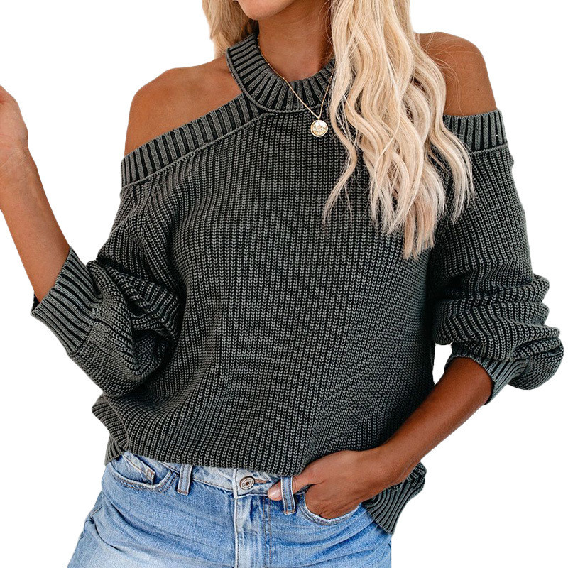 LOGAMI Opušteni pulover s visećim vratom i otvorenim ramenima Ženski pleteni pulover jesen zima 2020. Ženski džemperi i puloveri