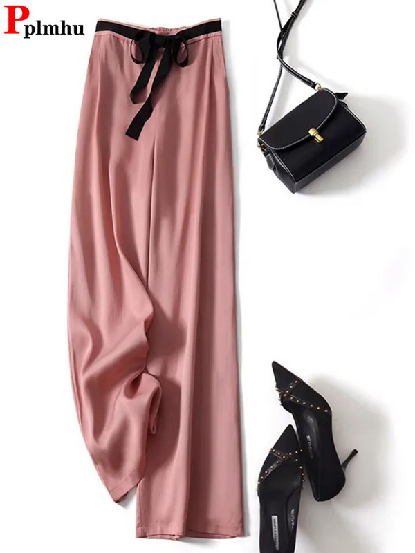 Ženske vrećaste ravne hlače visokog struka Korejske modne ledeno svilene široke hlače Ležerne prevelike 4xl elegantne hlače na vezanje