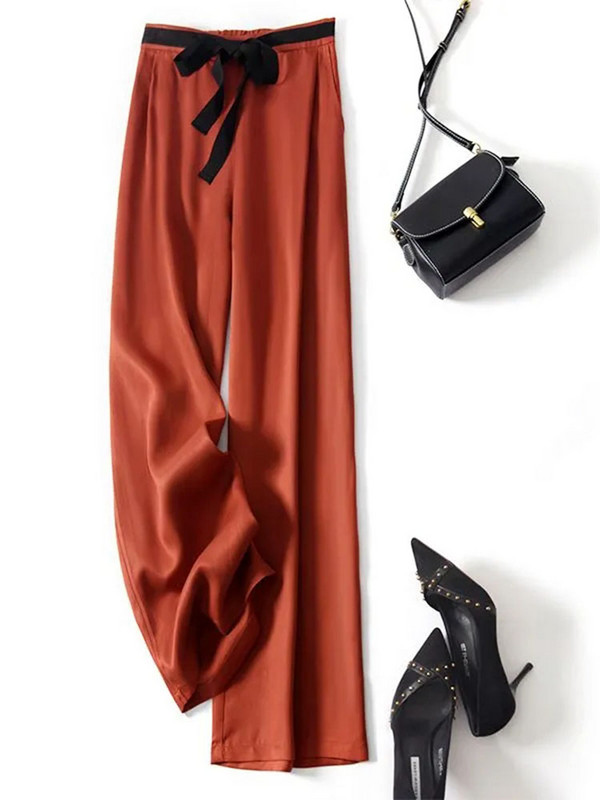 Ženske vrećaste ravne hlače visokog struka Korejske modne ledeno svilene široke hlače Ležerne prevelike 4xl elegantne hlače na vezanje