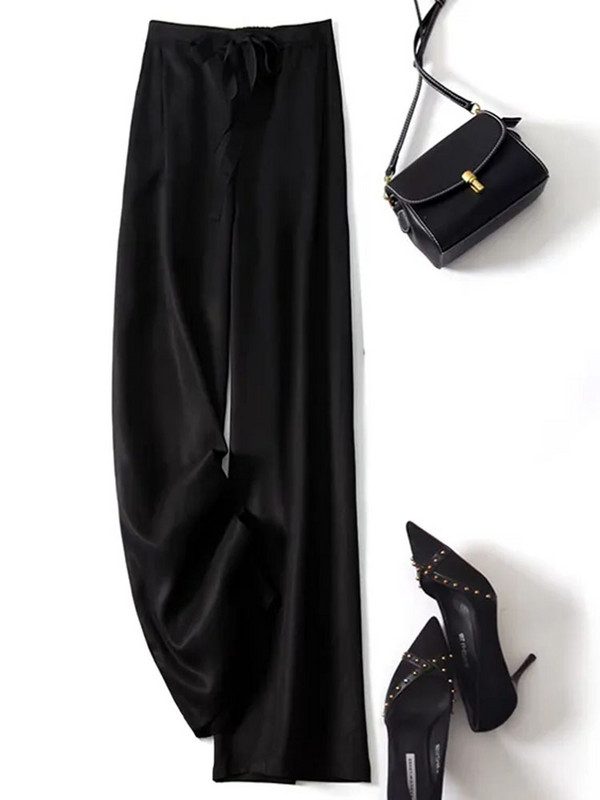 Ženske vrećaste ravne hlače visokog struka Korejske modne ledeno svilene široke hlače Ležerne prevelike 4xl elegantne hlače na vezanje