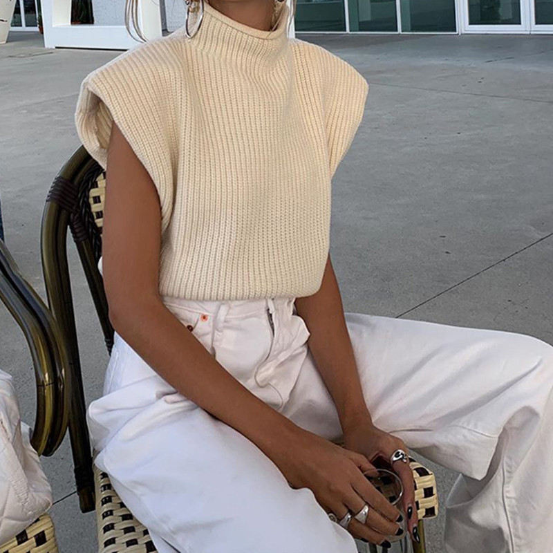 OL Ženske elegantne, ležerne pletene majice, prsluk Ženska dolčevita bez rukava Jednobojna blagdanska moda, seksi veste, pletivo za visoke ulice