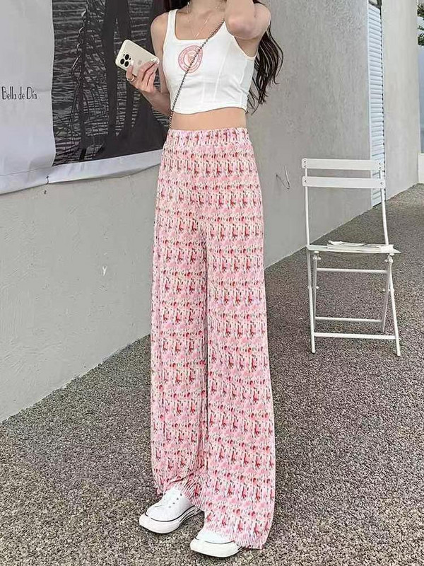 Ženske široke hlače od ledene svile s ružičastim cvjetnim uzorkom Ljetne tanke hlače s visokim strukom, ležerne ravne duge hlače Mop hlače