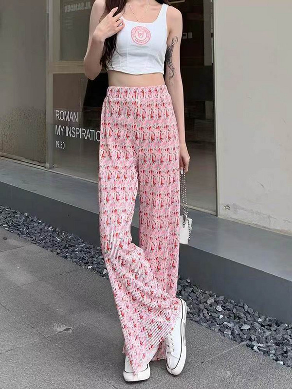 Ženske široke hlače od ledene svile s ružičastim cvjetnim uzorkom Ljetne tanke hlače s visokim strukom, ležerne ravne duge hlače Mop hlače