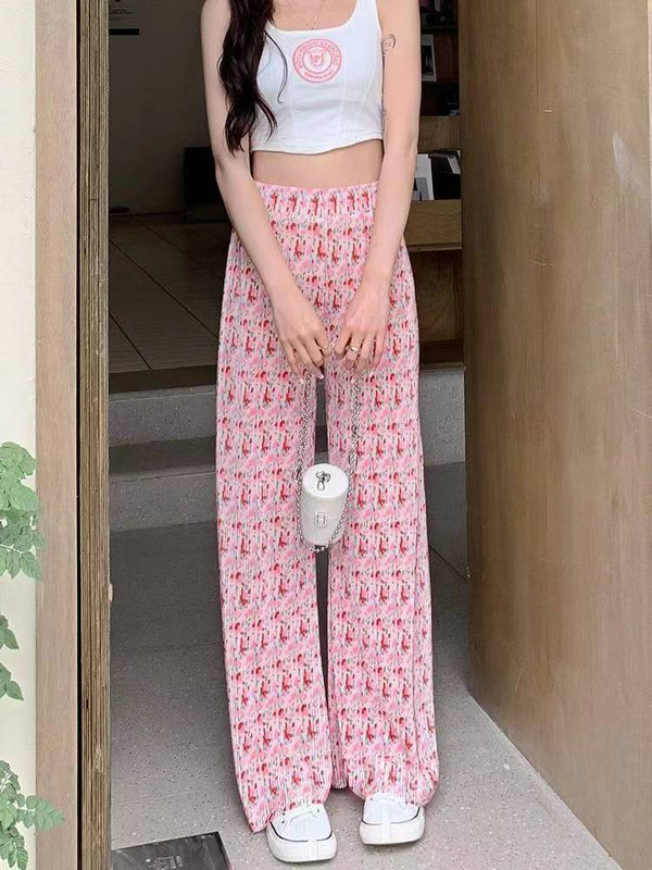 Ženske široke hlače od ledene svile s ružičastim cvjetnim uzorkom Ljetne tanke hlače s visokim strukom, ležerne ravne duge hlače Mop hlače