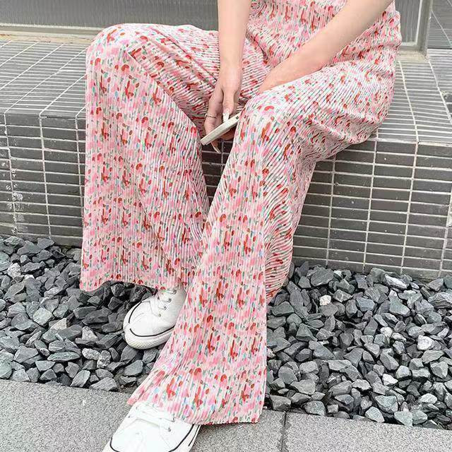 Ženske široke hlače od ledene svile s ružičastim cvjetnim uzorkom Ljetne tanke hlače s visokim strukom, ležerne ravne duge hlače Mop hlače