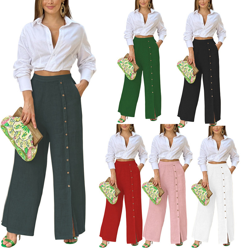 Vabad ühevärvilised vabad kõrge vöökohaga püksid, mood, uued laia säärega püksid, üherealised kaunistused, elastne vöökoht lõhestatud naiste püksid