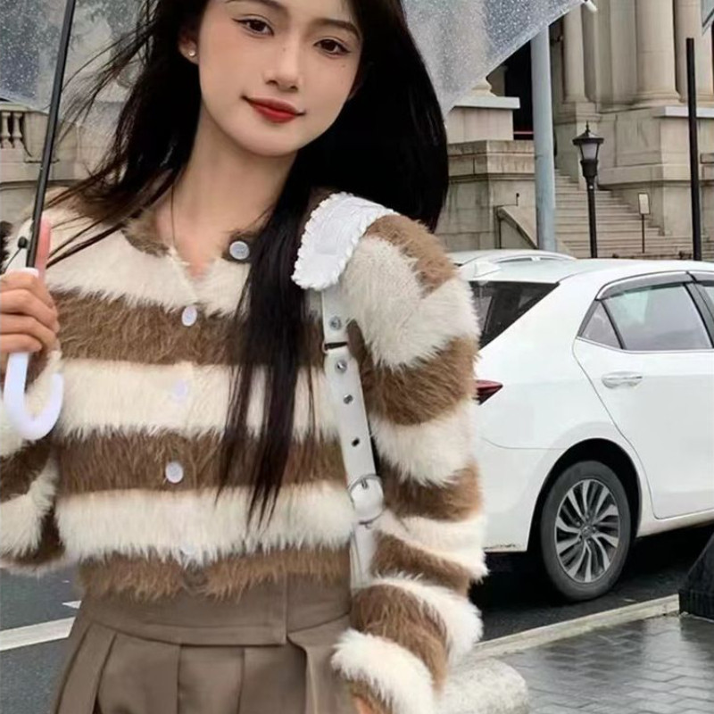 Ženska skraćena korejska jesenska pletena odjeća s O-izrezom i dugim rukavima široka, sveobuhvatna estetska modna gornja odjeća Harajuku