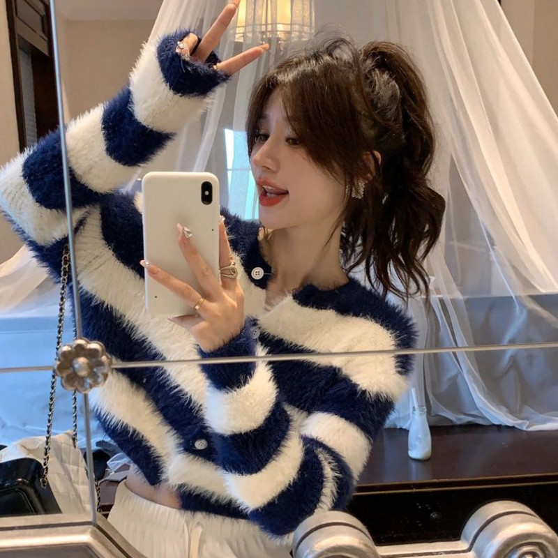 Ženska skraćena korejska jesenska pletena odjeća s O-izrezom i dugim rukavima široka, sveobuhvatna estetska modna gornja odjeća Harajuku