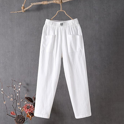 2023. Modne pamučne lanene harem hlače Ženske ljetne široke elastične hlače do gležnja visokog struka Jednobojne prevelike ženske ležerne hlače