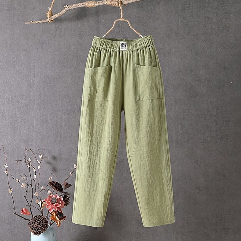 2023 Модни памучни ленени харем панталони Дамски летни свободни еластични панталони с висока талия с дължина до глезена Едноцветни големи дамски ежедневни панталони