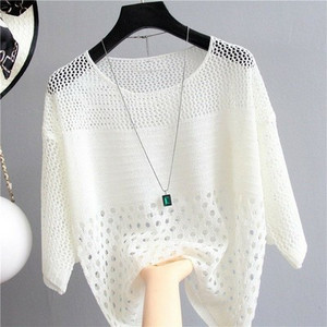 2023 Leisure White Hollow Out Mesh Top Γυναικείο λεπτό πλεκτό πουλόβερ Φαρδύ καλοκαιρινό πλεκτό κλιματιστικό Pull Femme Tide H1451
