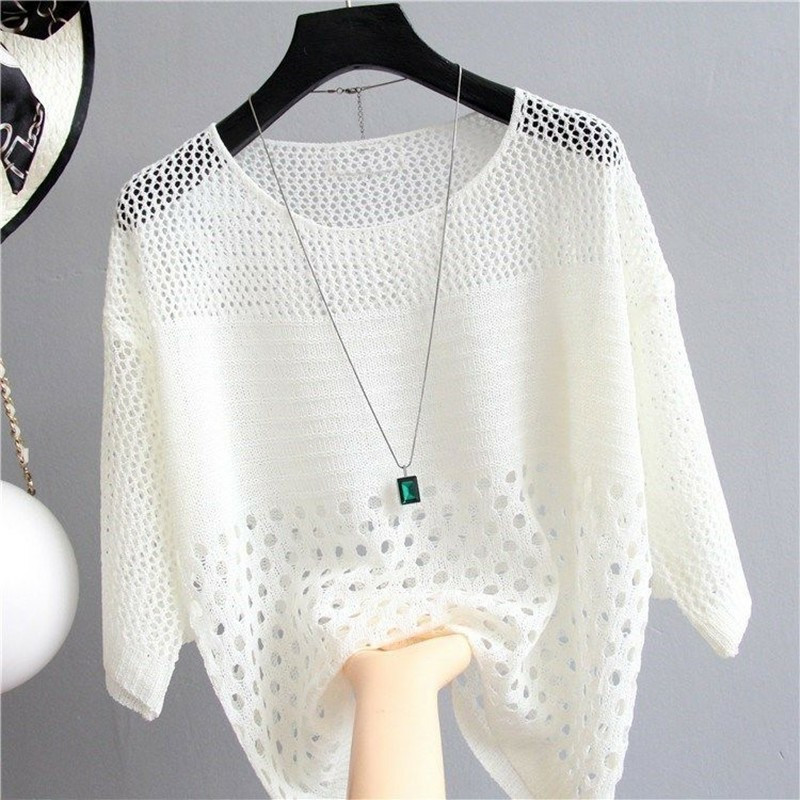 2023 Leisure White Hollow Out Mesh Top Γυναικείο λεπτό πλεκτό πουλόβερ Φαρδύ καλοκαιρινό πλεκτό κλιματιστικό Pull Femme Tide H1451