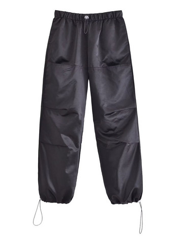 MESTTRAF Sexy Design 2023 Μαύρες τσέπες στο πλάι Σατέν παντελόνι αλεξίπτωτο Vintage ψηλή ελαστική μέση με γυναικείο παντελόνι με κορδόνι
