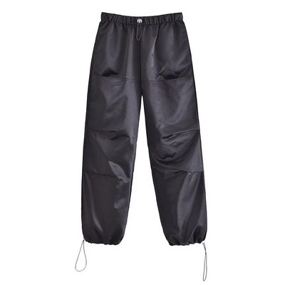 MESTTRAF seksi dizajn 2023 crne satenske padobranske hlače s bočnim džepovima Vintage Ženske hlače visokog elastičnog struka s uzicom