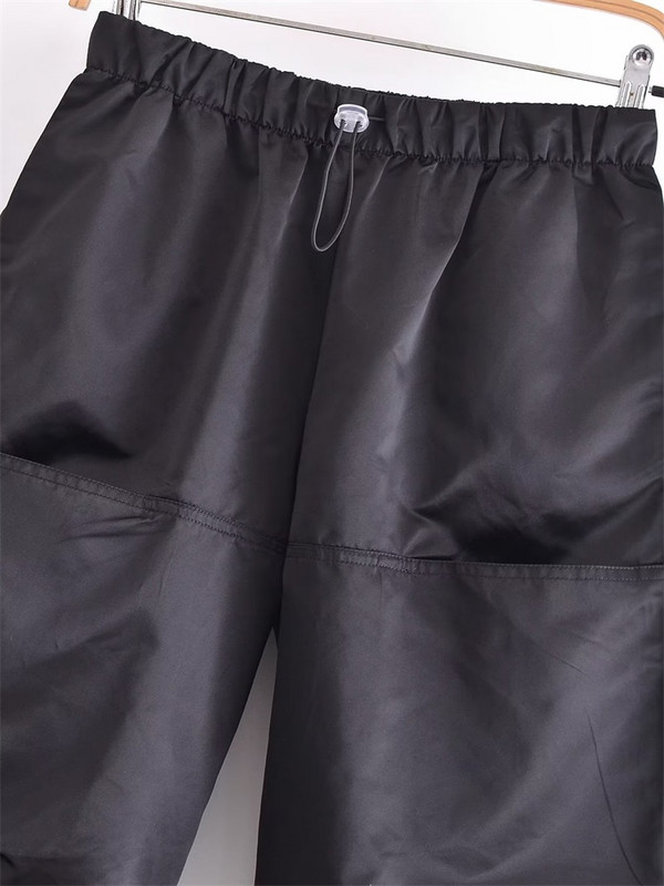 MESTTRAF seksi dizajn 2023 crne satenske padobranske hlače s bočnim džepovima Vintage Ženske hlače visokog elastičnog struka s uzicom