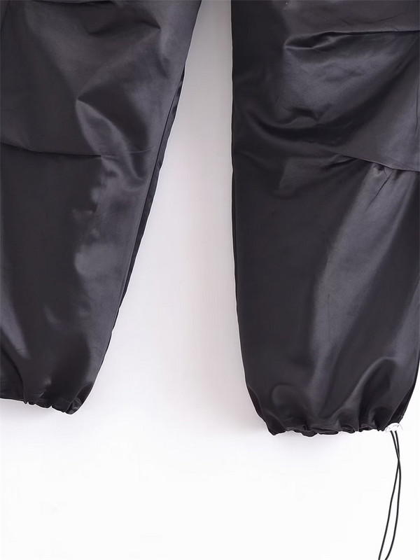 MESTTRAF seksi dizajn 2023 crne satenske padobranske hlače s bočnim džepovima Vintage Ženske hlače visokog elastičnog struka s uzicom