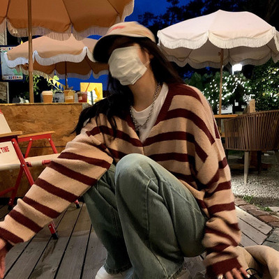 Vintage prugasti kardigani Ženski široki proljetni slatki džemperi Ulzzang Streetwear Dizajnirana osnovna pletiva Harajuku za mlade