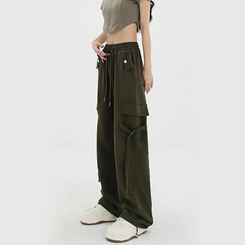 Zoki Vintage Streetwear Cargo Παντελόνι Γυναικείο Y2K Καλοκαιρινό Κορεάτικο Ψηλόμεσο Bf Παντελόνι Φαρδύ πόδι με κορδόνι Harajuku Φαρδύ ίσιο παντελόνι