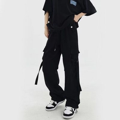 Zoki Vintage Streetwear Cargo hlače Ženske Y2K ljetne korejske hlače visokog struka Bf Široke hlače na vezanje Harajuku široke ravne hlače