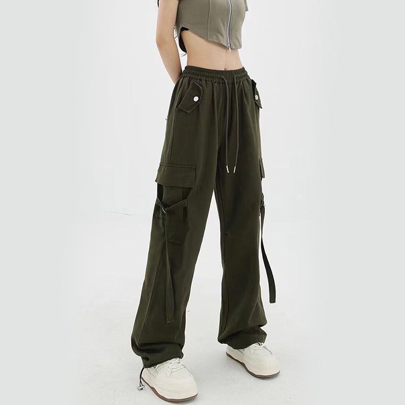 Zoki Vintage Streetwear Cargo hlače Ženske Y2K ljetne korejske hlače visokog struka Bf Široke hlače na vezanje Harajuku široke ravne hlače