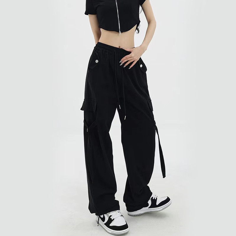 Zoki Vintage Streetwear Cargo hlače Ženske Y2K ljetne korejske hlače visokog struka Bf Široke hlače na vezanje Harajuku široke ravne hlače