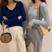 Osnovni jednobojni jesenski zimski pulover s V-izrezom Ženski tanki pleteni pulover dugih rukava Badycon pulover jeftin