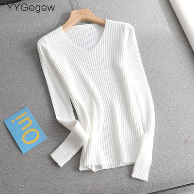 Osnovni jednobojni jesenski zimski pulover s V-izrezom Ženski tanki pleteni pulover dugih rukava Badycon pulover jeftin