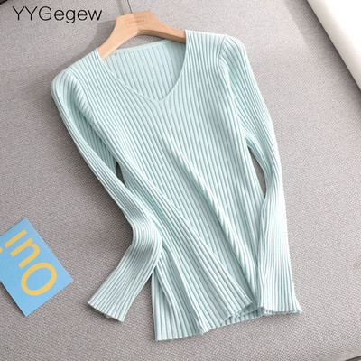 Osnovni jednobojni jesenski zimski pulover s V-izrezom Ženski tanki pleteni pulover dugih rukava Badycon pulover jeftin